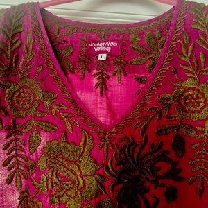Johnny Was tunic/dress raspberry linen with brown embroidery